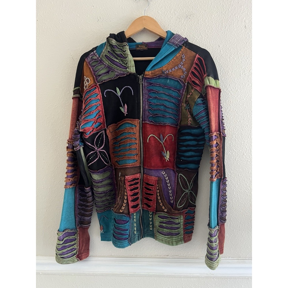 Rising International Patchwork Jacket Size L (M) Embroidered Hoodie Boho Hippie